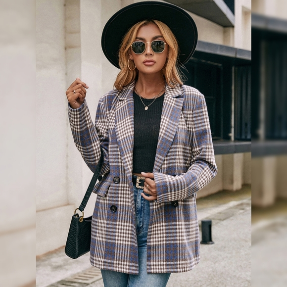 Jackets & Blazers - Plaid Lapel Collar Double Breasted Blazer